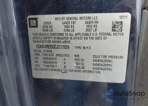 2012 GMC Acadia Slt-1 z USA, uszkodzony, nr VIN 1GKKVRED0CJ217559